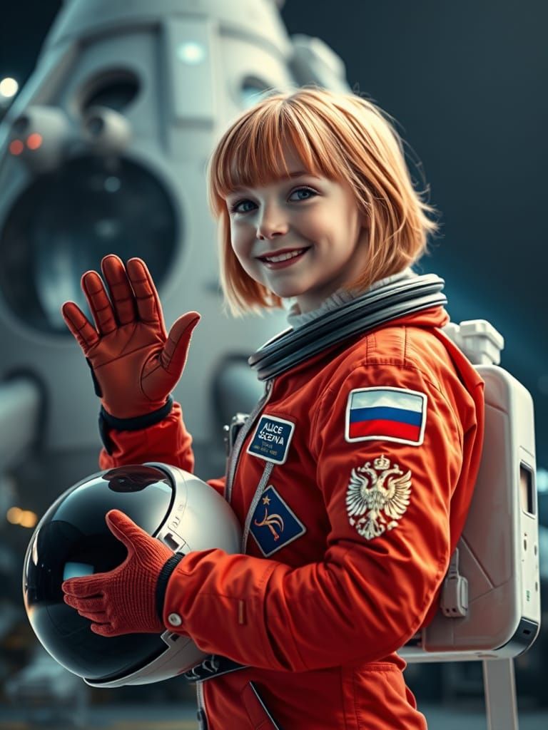Young Russian Cosmonaut Waves Goodbye in Futuristic Space Su...
