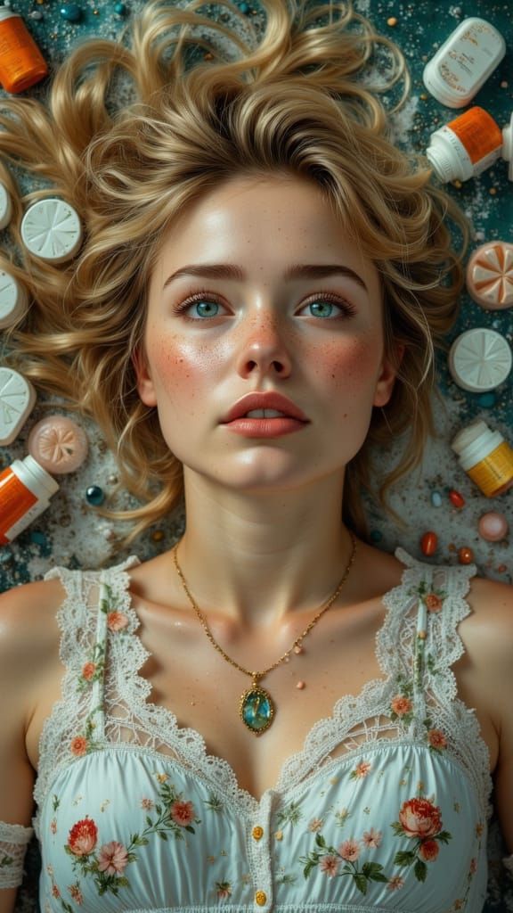 Sad Blonde Woman Surrounded by Medicine, Top View