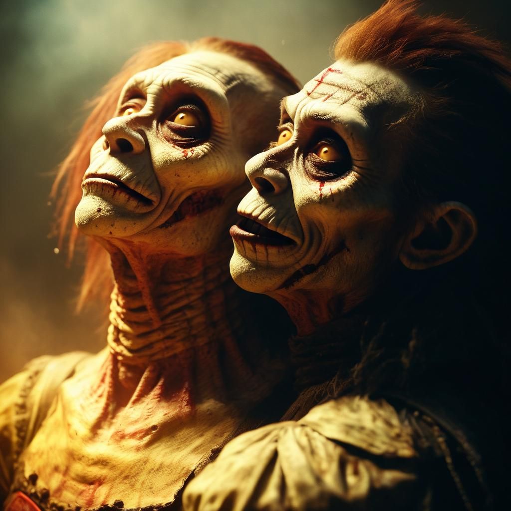 Ethereal Clown Couple Embracing in Darkness