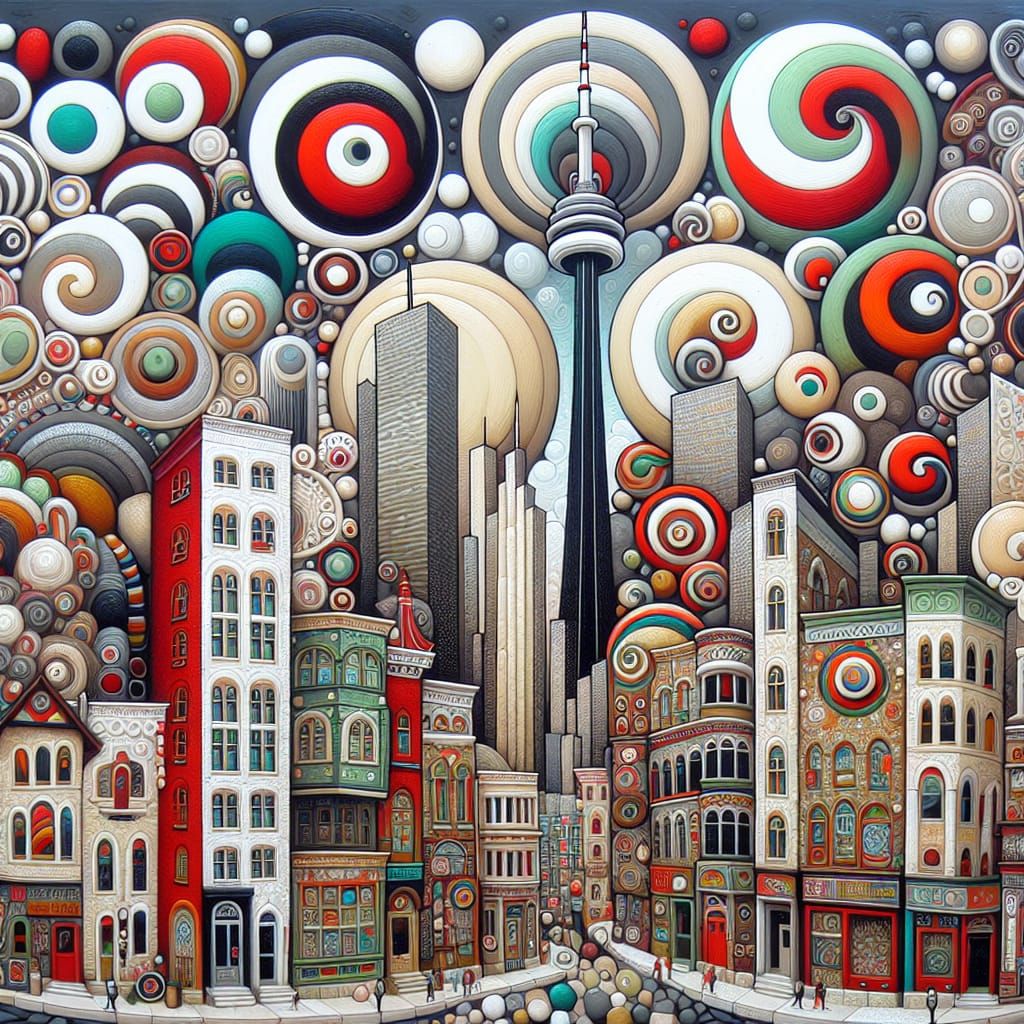 Toronto Streets and CN Tower in Surreal Encaustic Style