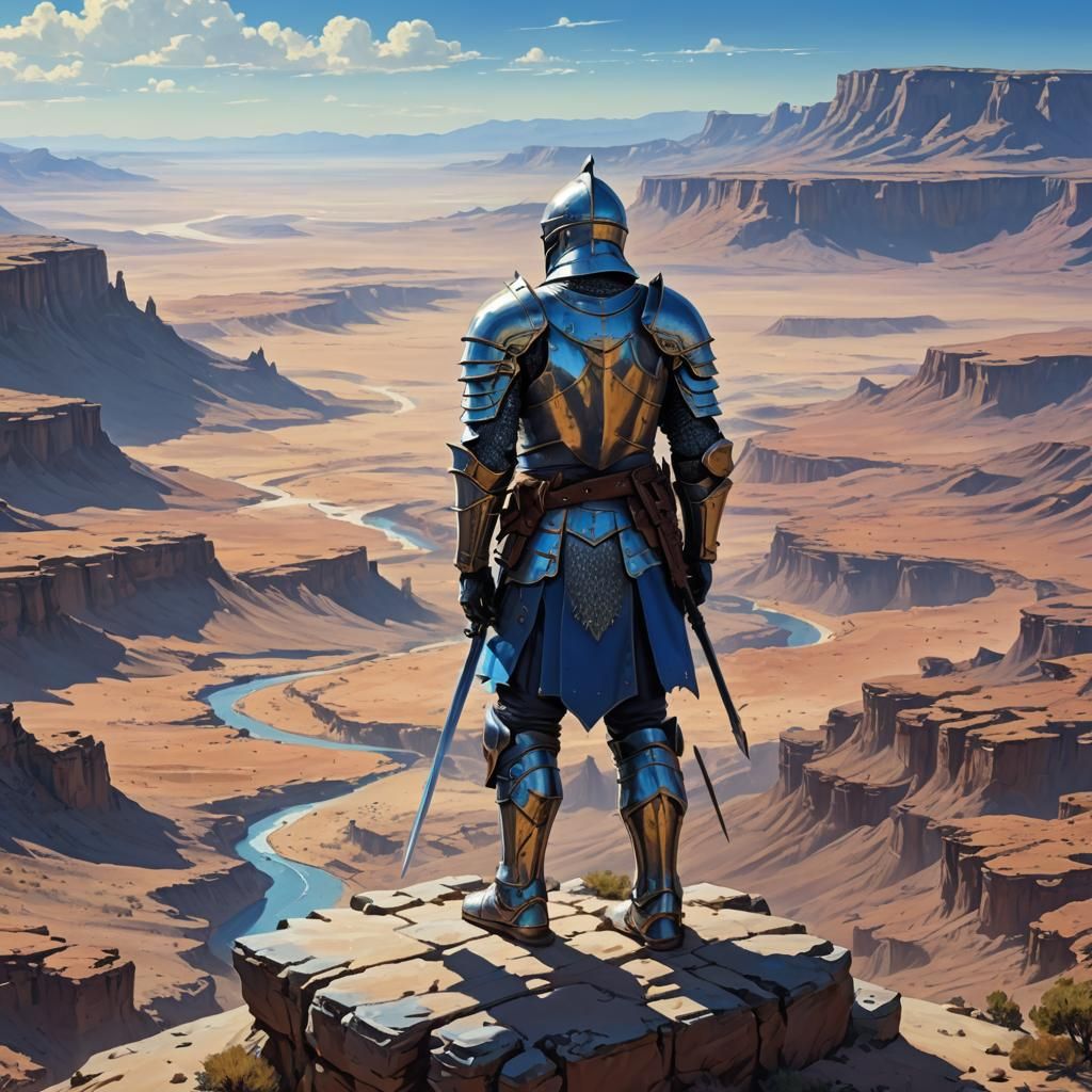 Fantasy Knight Overlooking Desert, Cel-Shaded Digital Art