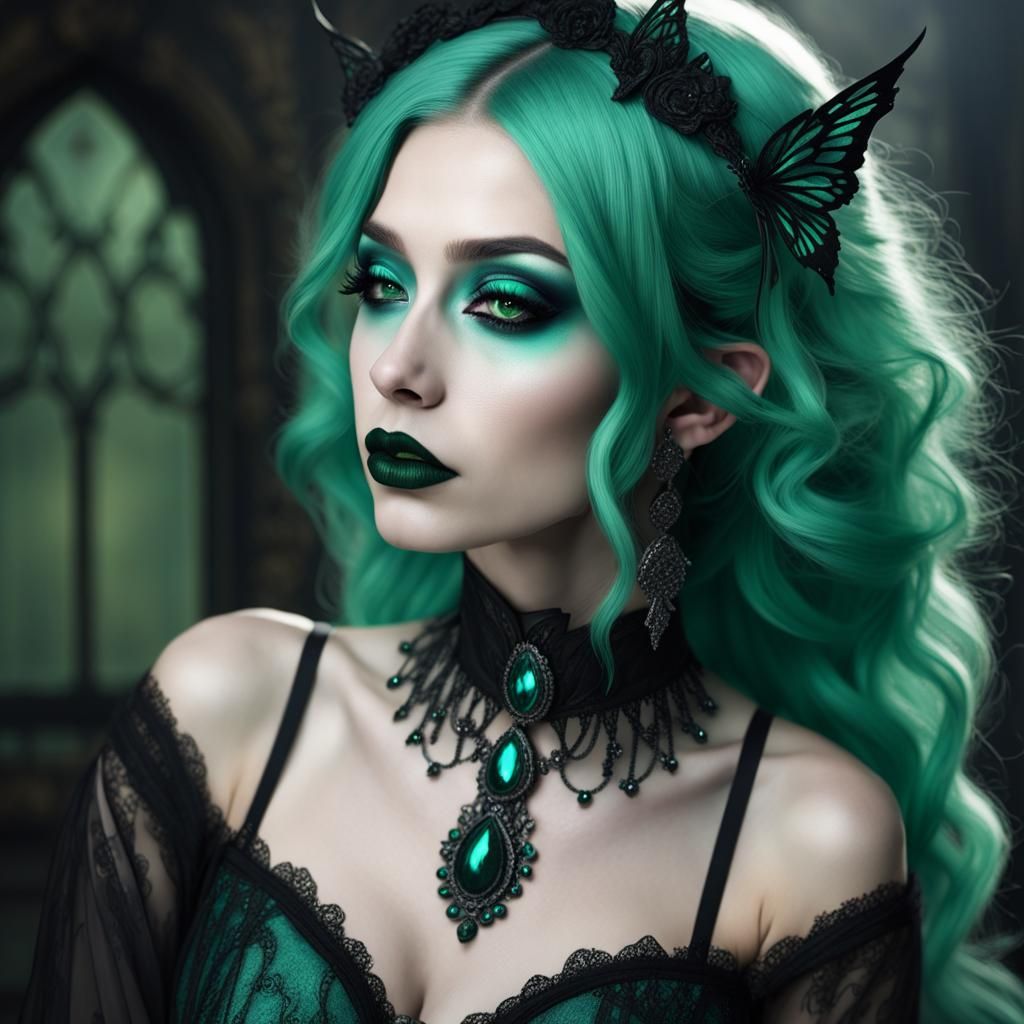 Dreamy beautiful green fairy with green hair& green eyes& te...
