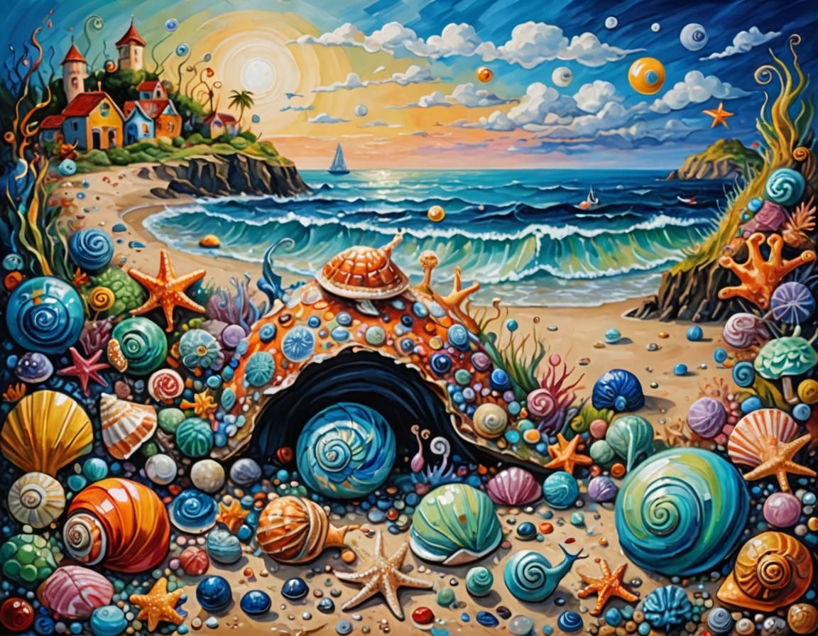 Surreal Shore Landscape with Exotic Sea Creatures