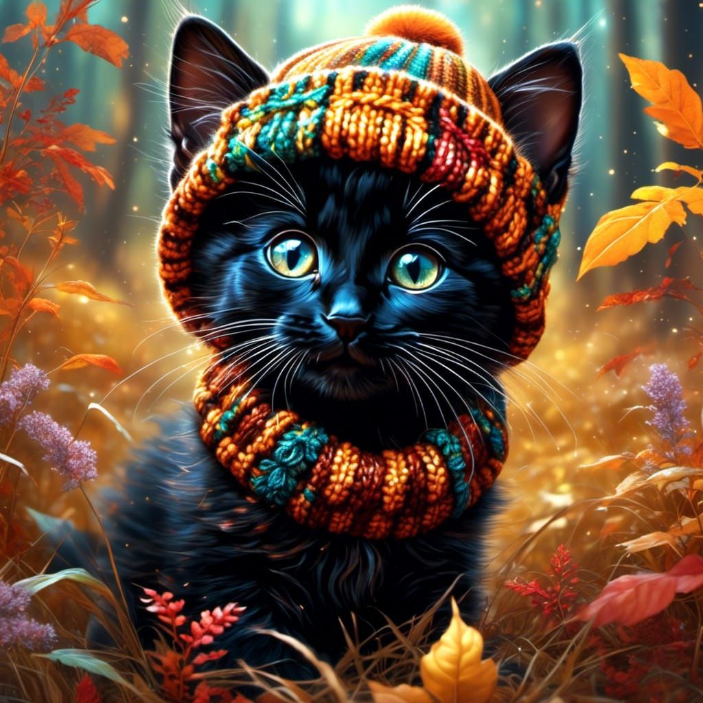Cute Black Kitten in Autumnal Colors
