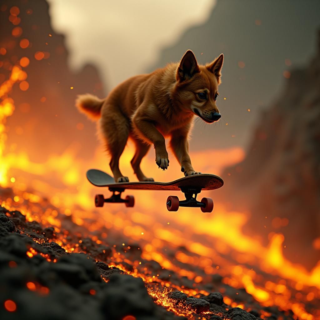 Dog on Skateboard Soaring Over Lava Sea