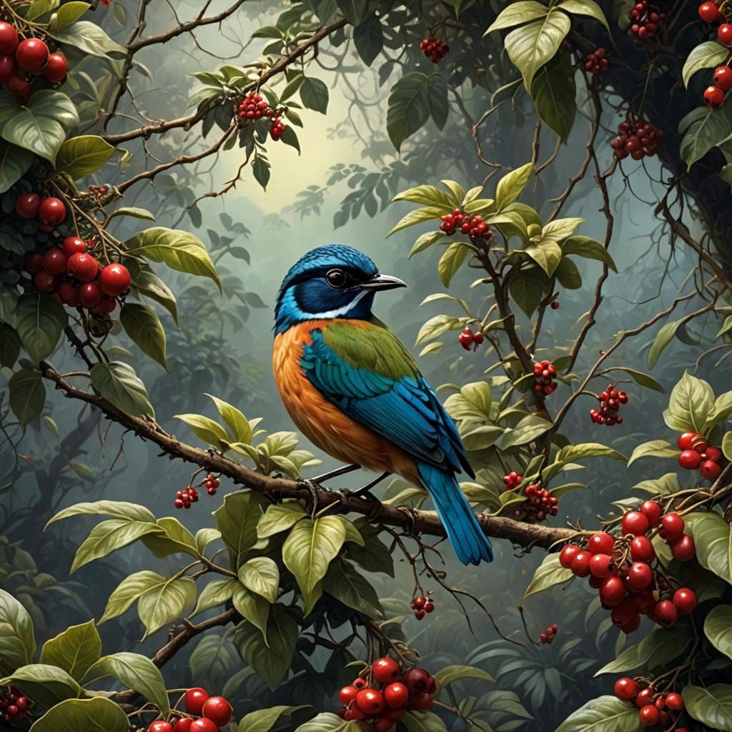 Colorful Sula Pitta Bird Foraging, Digital Painting