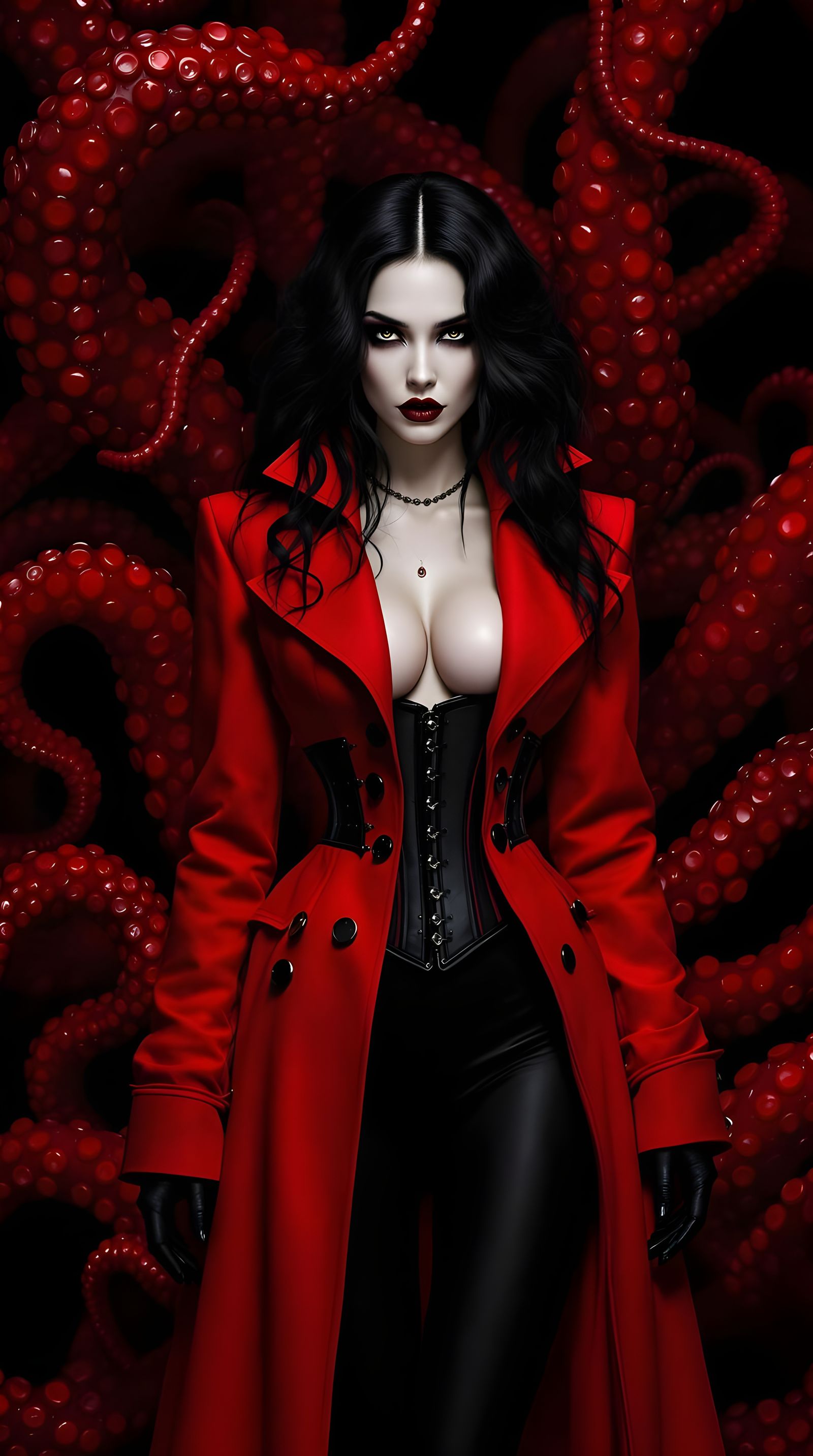 Mysterious Woman with Red Octopus Tentacles in a Gothic Cors...
