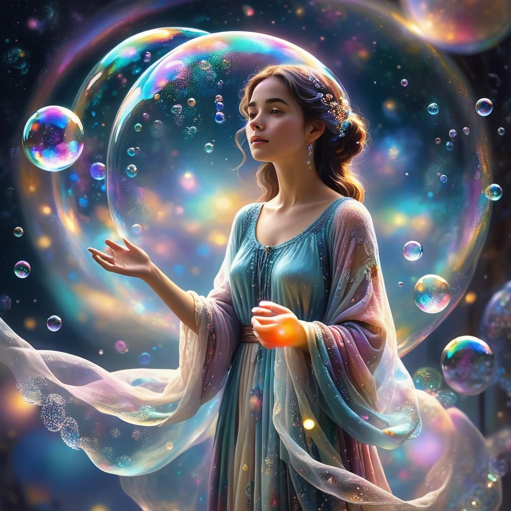 Serene Woman Surrounded by Bubble Universe in Digital Art