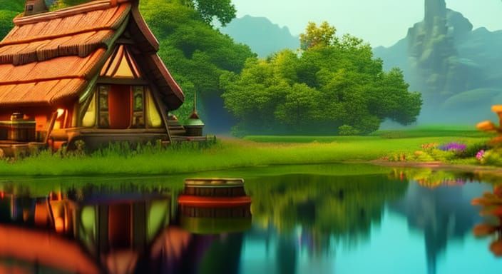 Fantasy Cottage with Pond in Hyperrealistic Style