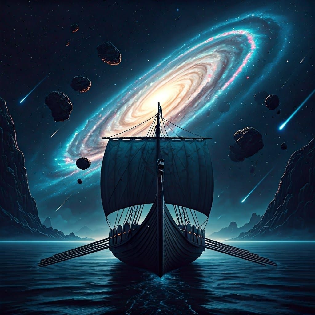 Viking Longship Sails Through Cosmic Vortex in Futuristic Dr...