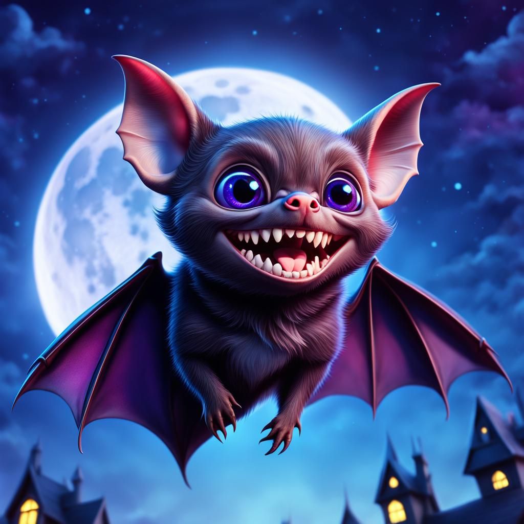 A vampire bat with big, round eyes, big eyelashes and a swee...