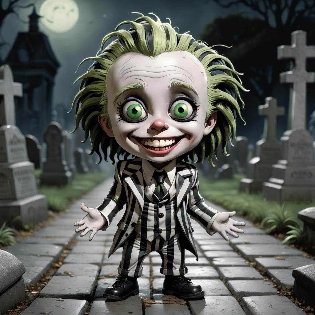 Adorable Chibi Beetlejuice Posing in Graveyard