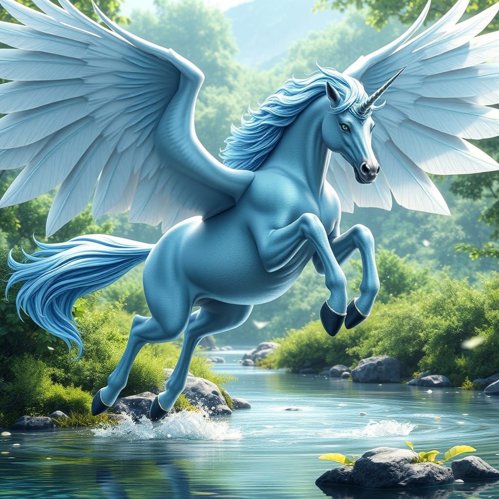 Majestic Unicorn Leaps over Serene Brook in Vibrant Fantasy
