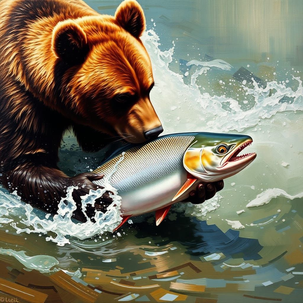 Bear Catching Salmon: Expressionist Impasto Painting