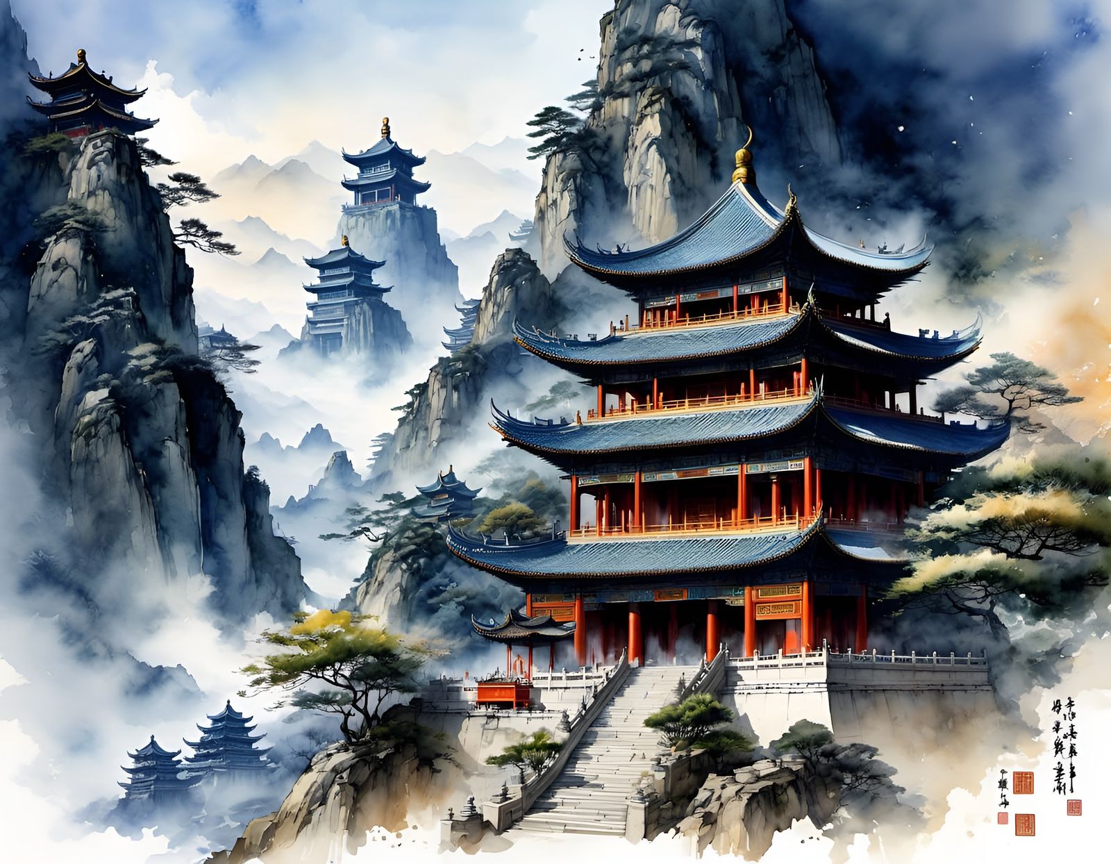 Chinese Temple Amidst Foggy Mountains