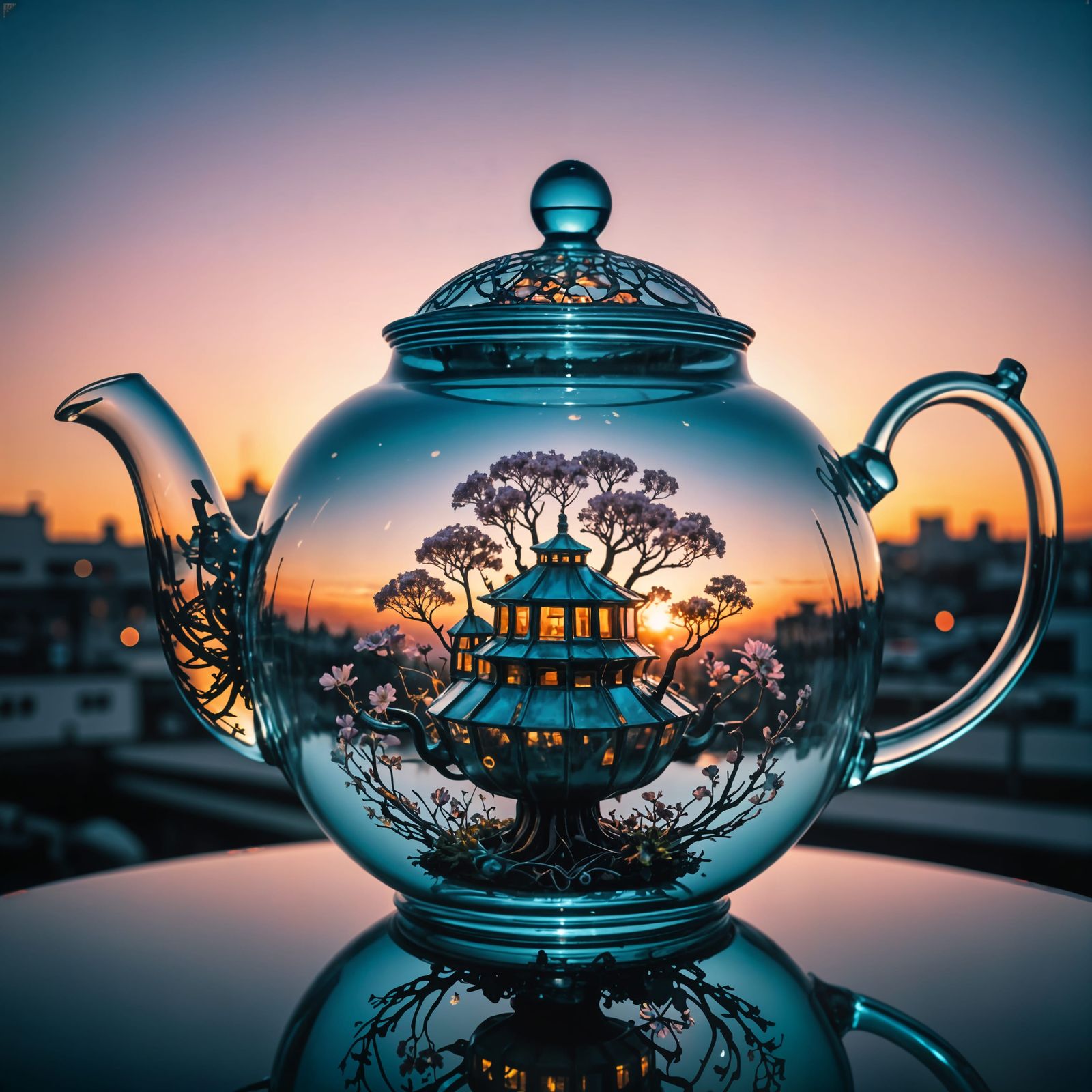 Futuristic Teapot at Sunset in Stylized 4K