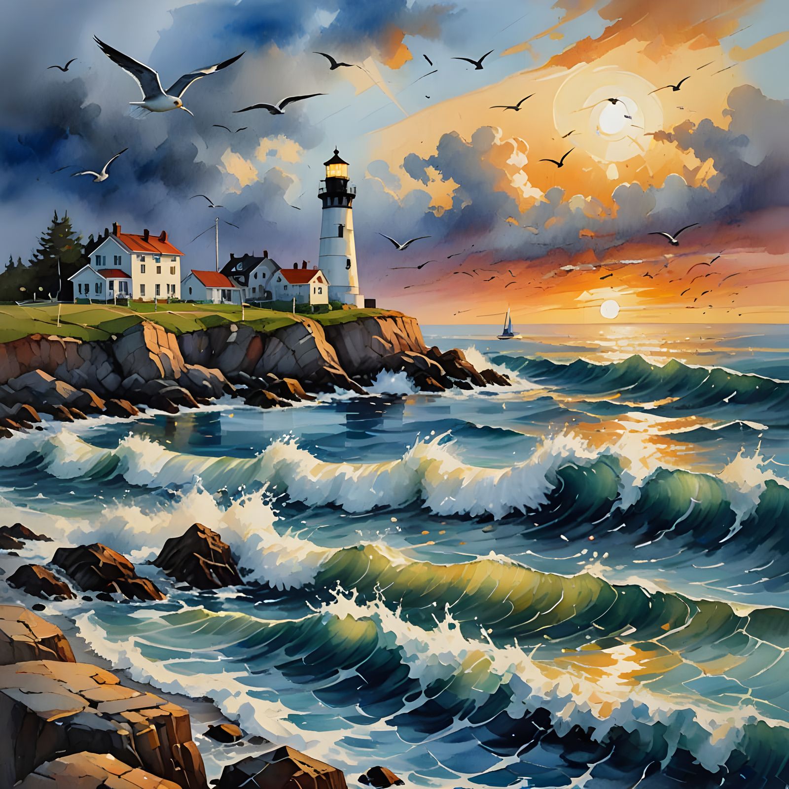 Abstrait Maritime Landscape with Towering Lighthouse and Sun...