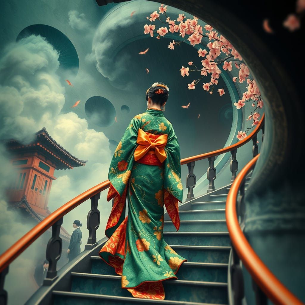 Ukiyo-E Lady in Vibrant, Swirling Kimono