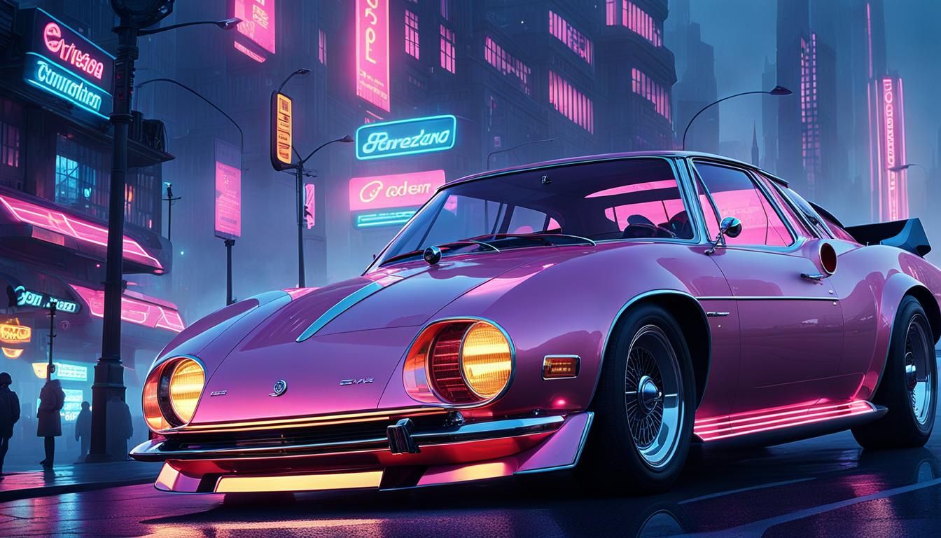 Retro-Futuristic Car in Neon Cityscape