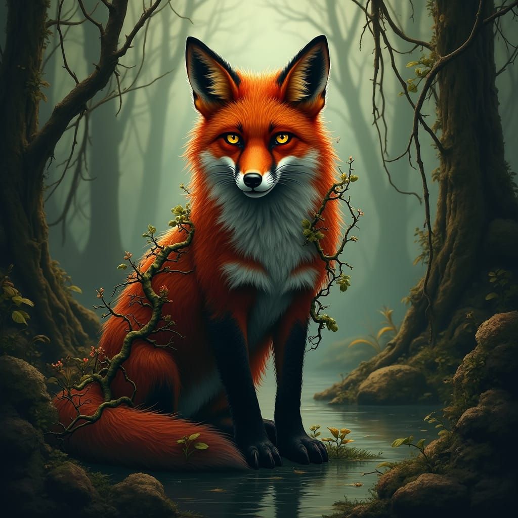 Majestic Swamp Fox in Mystical, Atmospheric Style