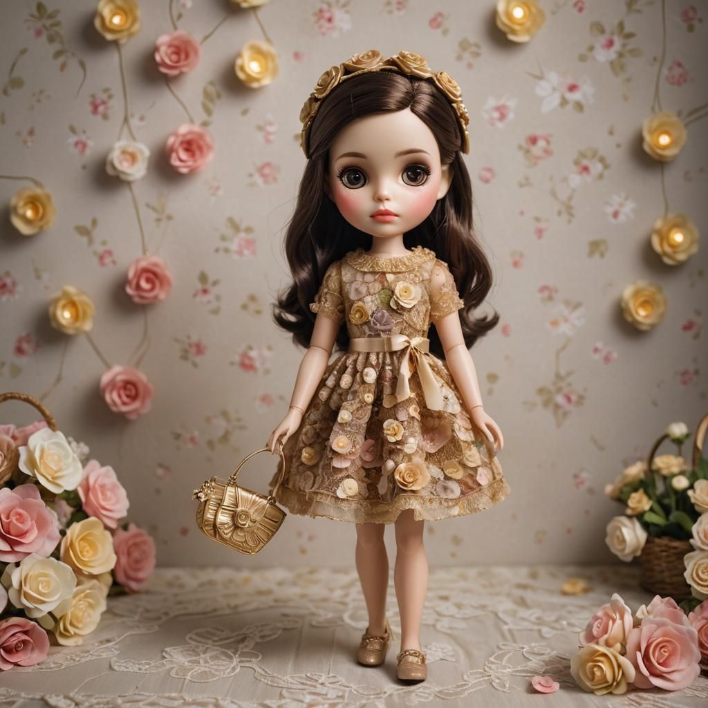 Brunette Blythe Doll in Floral Mesh Party Dress