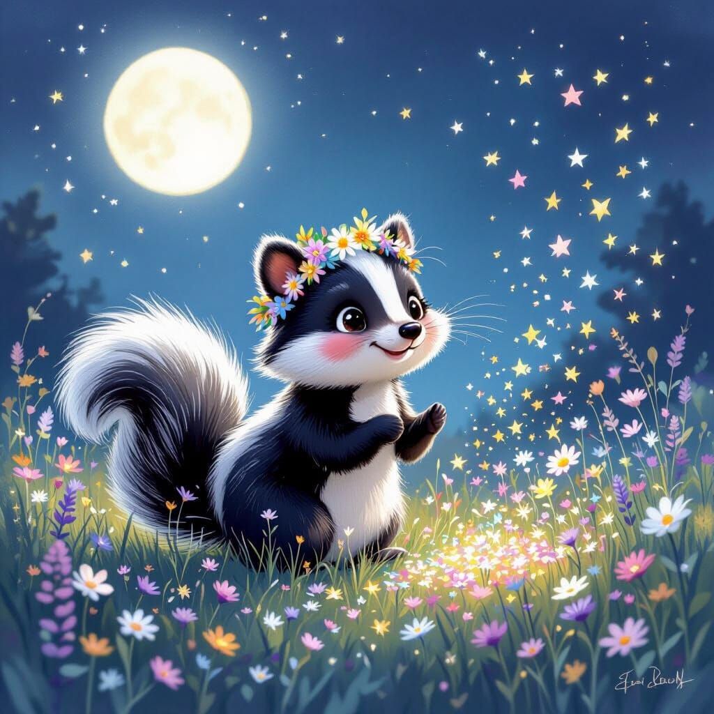 Whimsical Skunk Scattering Glitter in Moonlit Meadow
