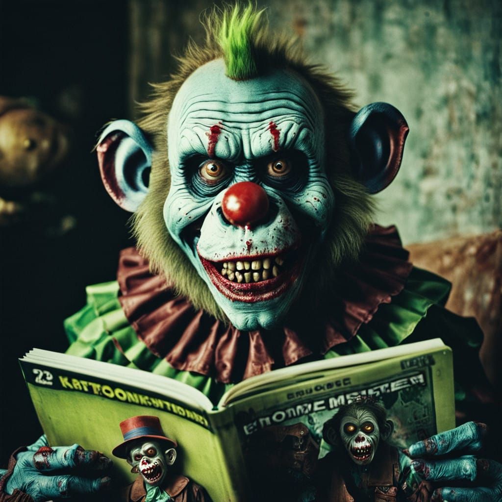 Surreal Clown Toddler Reads Zombie Monkey Magazine in Cinema...