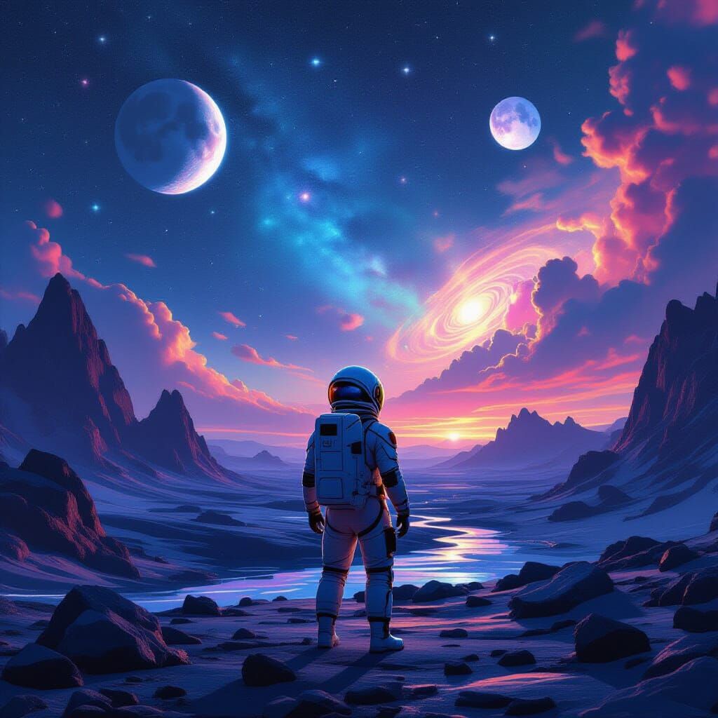 Astronaut Views Surreal Alien Galaxy with Twin Moons