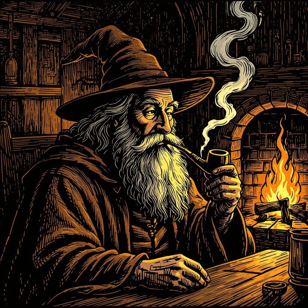 Bearded Wizard Smoking Pipe in Smoky Pub Woodcut Style