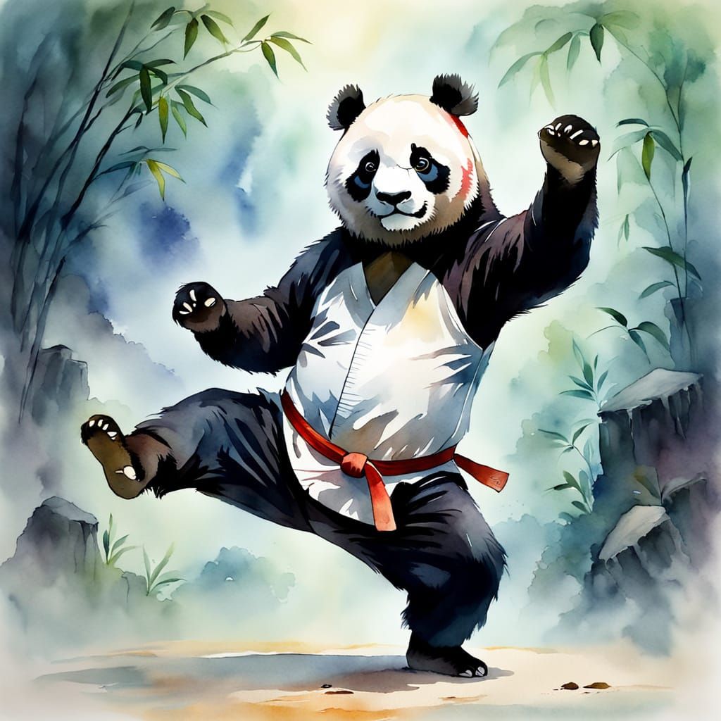 Panda Karate in Watercolor Style