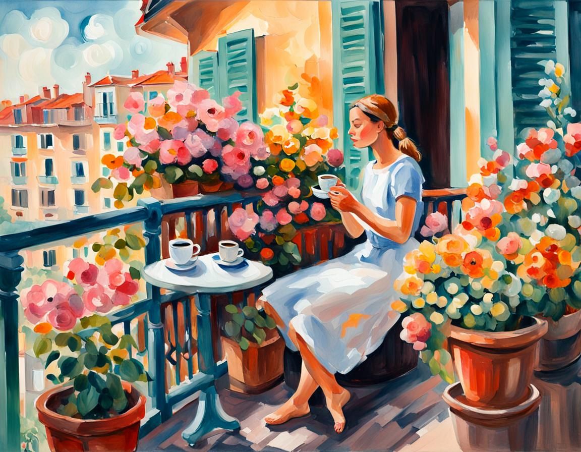 Woman's Morning Coffee: Gouache Impressionist Balcony Scene