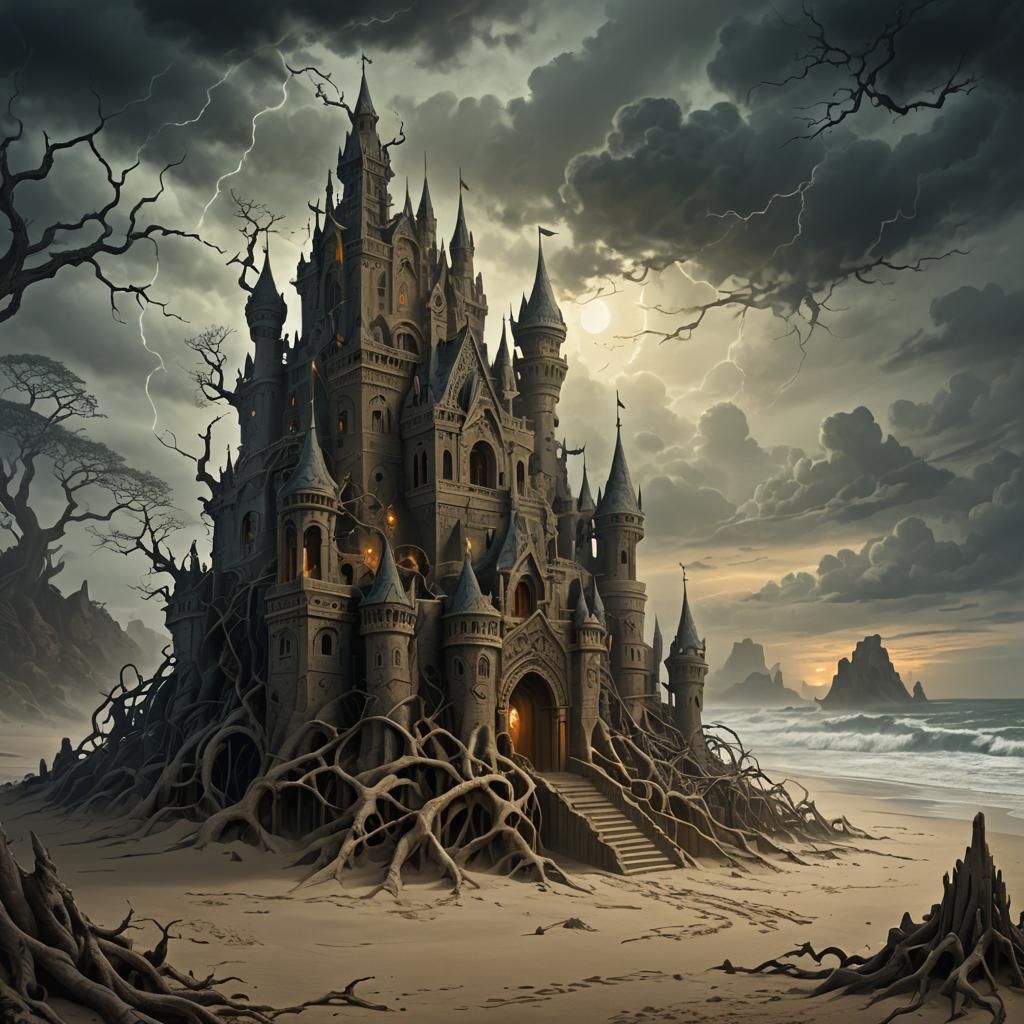 Eerie Sand Castle in Dark Fantasy Style