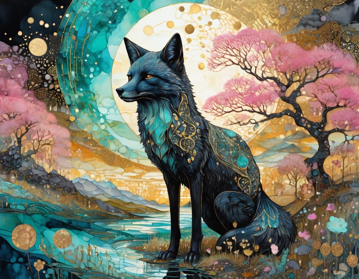 Black Fox in Alcohol Ink Style
