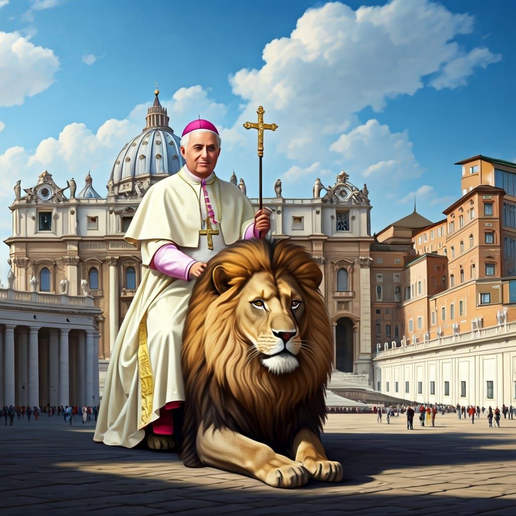 Catholic Pope Rides Lion Near St. Peter's Basilica