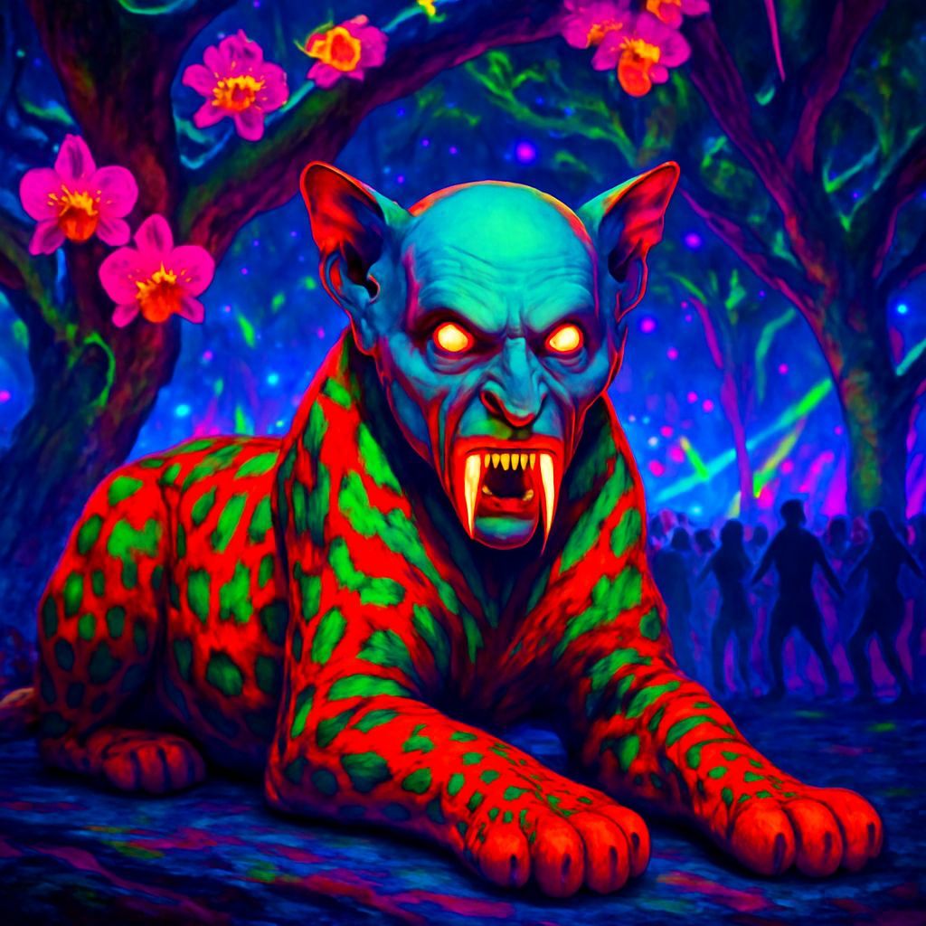 Dracula Feline Sphinx at Tropical Rave, Hyperrealistic