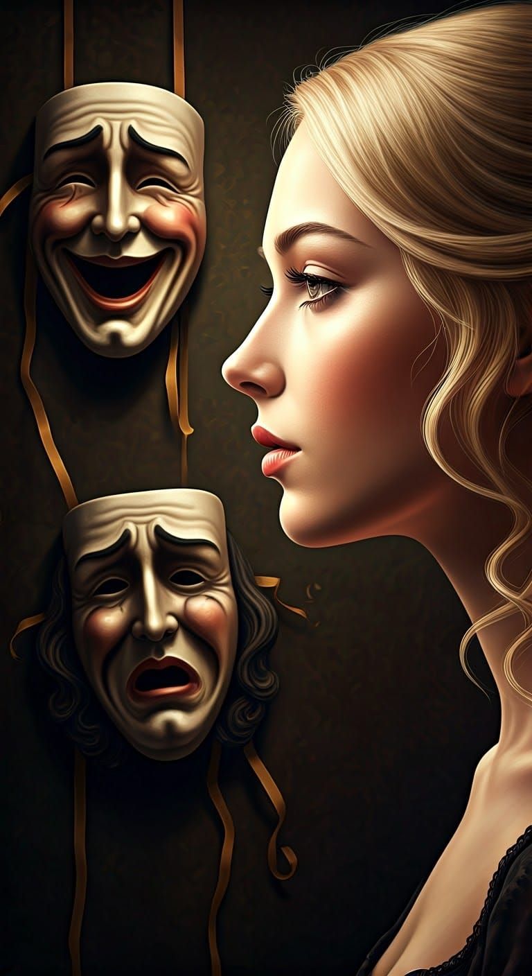 Elegant Woman Contemplates Masks in Soft, Warm Light