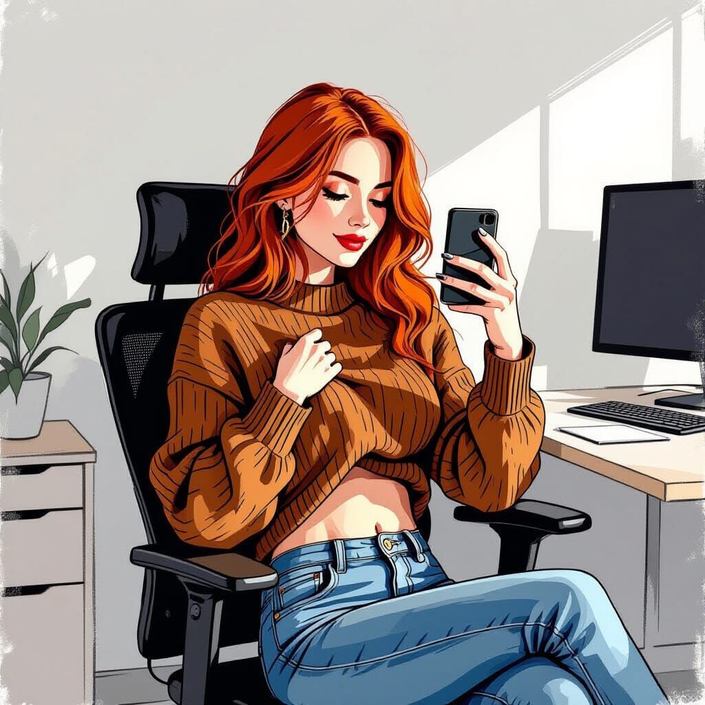 Redhead Woman Takes Selfie in Minimalist Office Sketch
