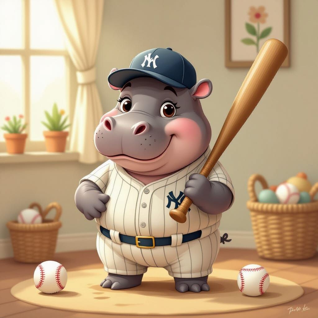 Cute Hippo Baseball Player in Cozy Hygge Style