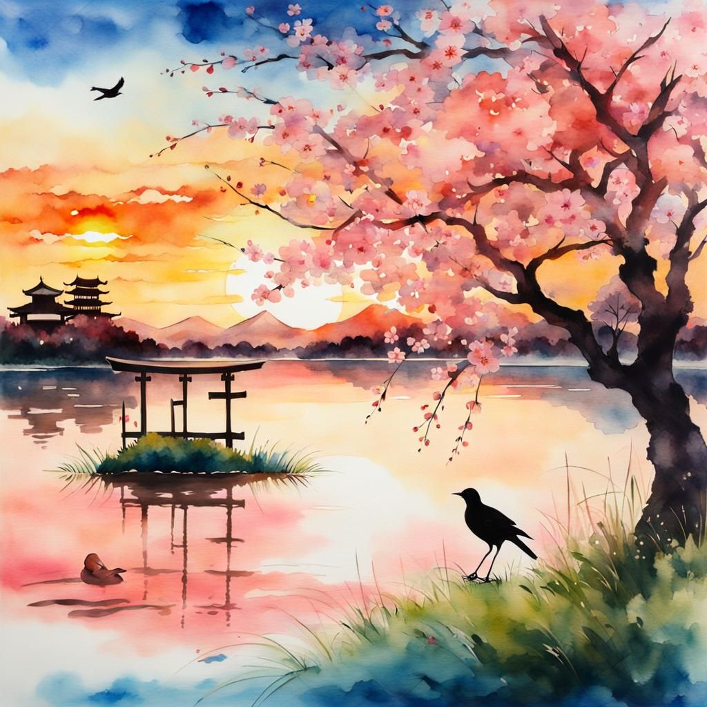 Vibrant Cherry Blossom Sunset: Japanese Watercolor Landscape