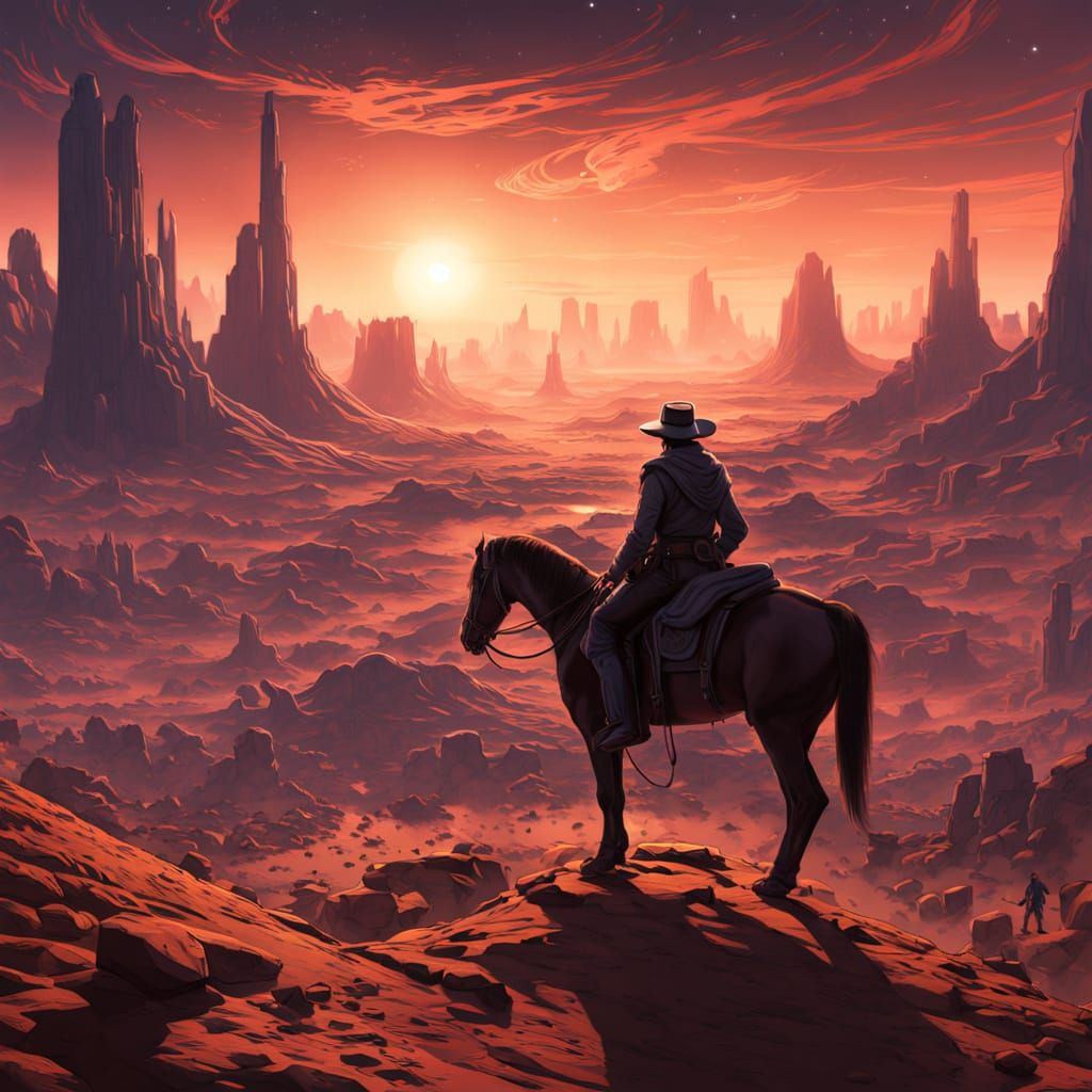 Cowboy Rides Clockwork Horse Through Neon Canyon