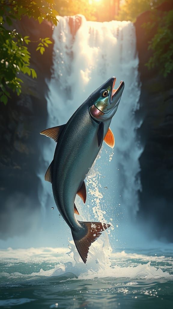 Salmon Leaping Waterfall in Golden Light