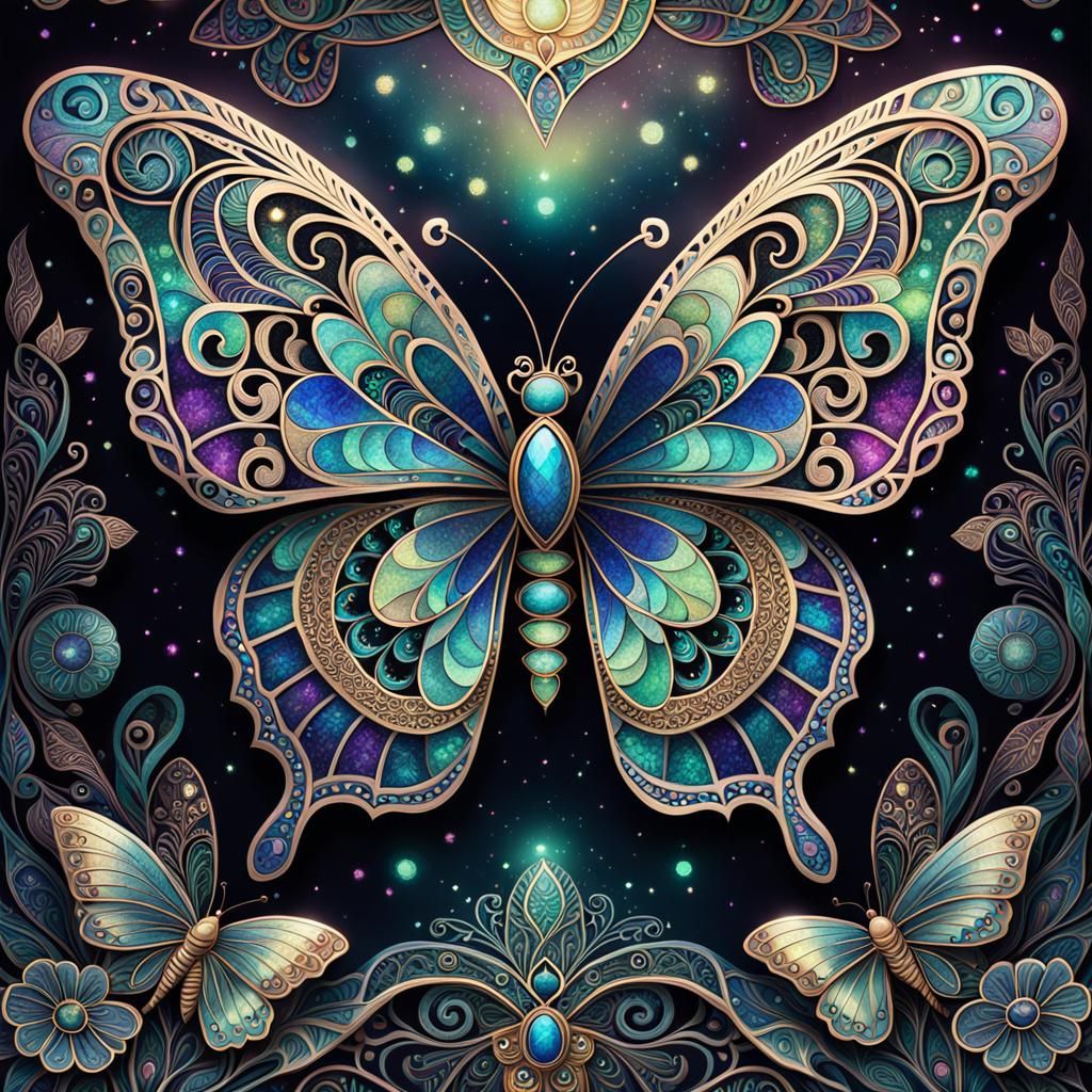 Ornate Butterfly with Iridescent Scales in Folk Art Style