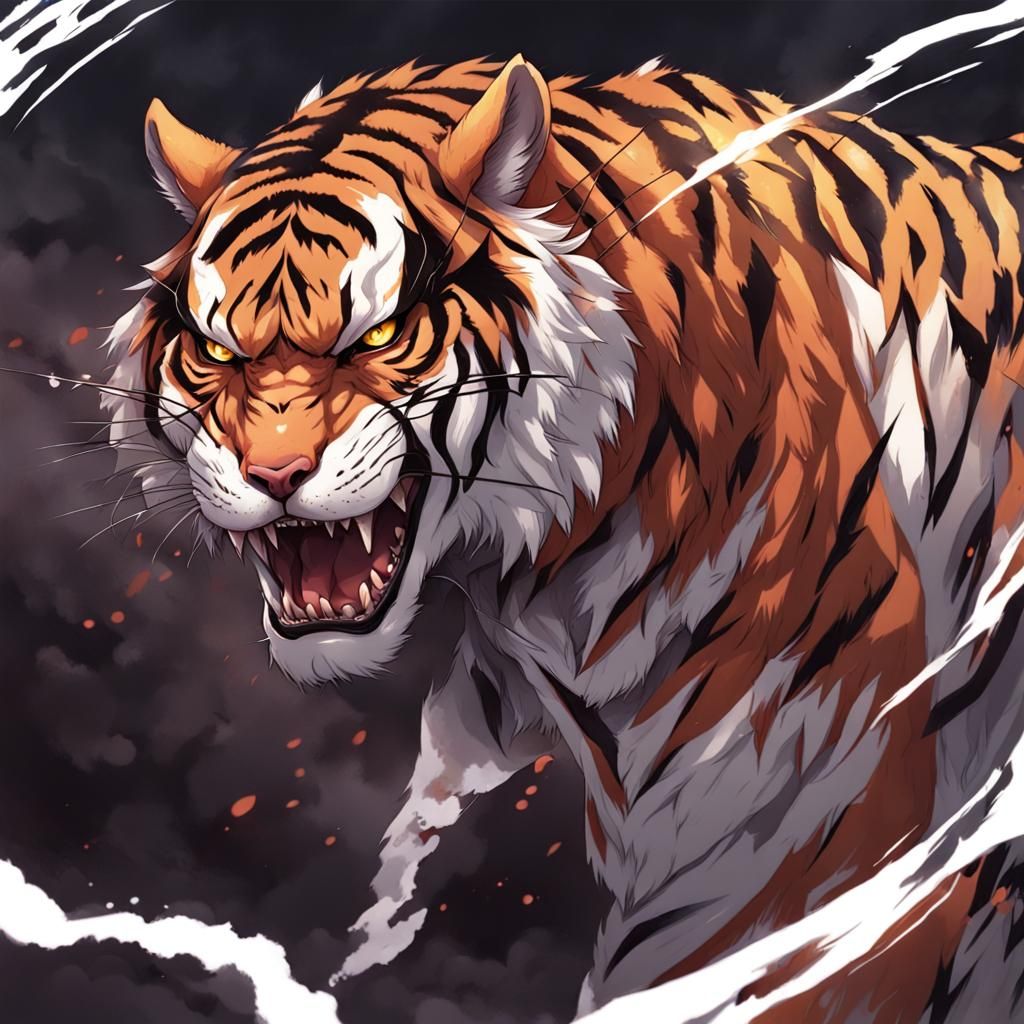 Menacing Tiger in Anime Key Visual Style