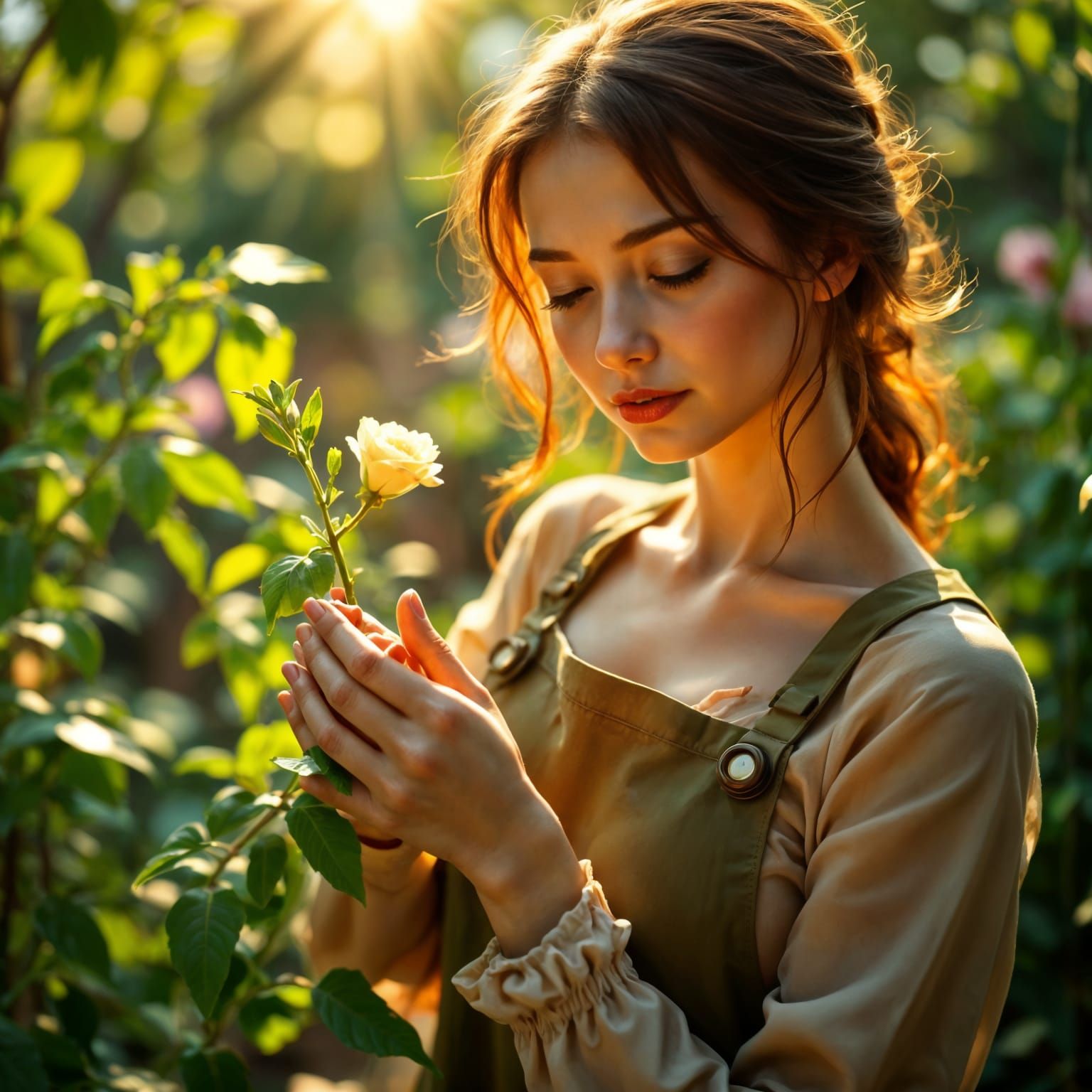 Wabi-Sabi: Woman Waters Vibrant Flower with Torn Petals