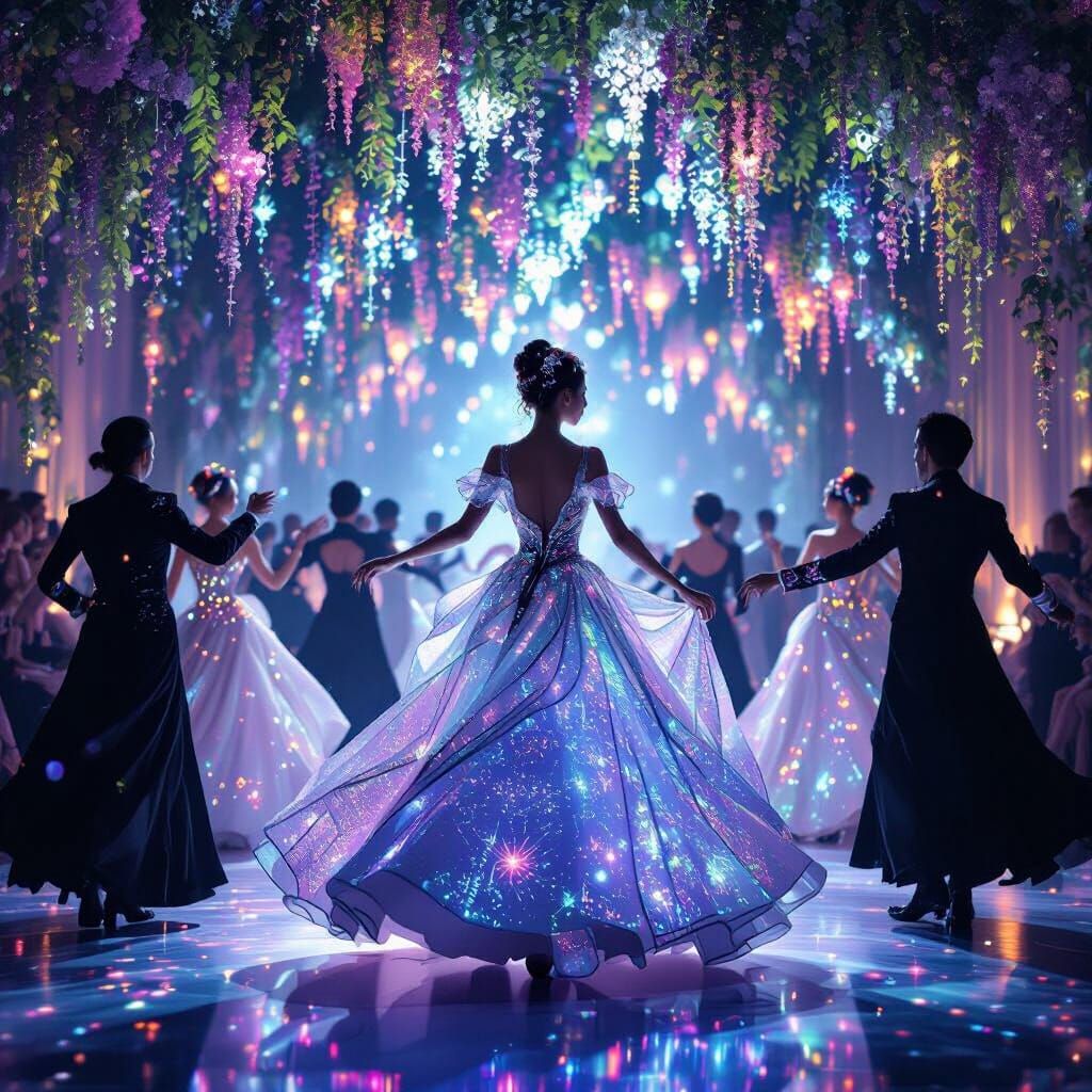 Cyberpunk Dancers in Bioluminescent Ballroom