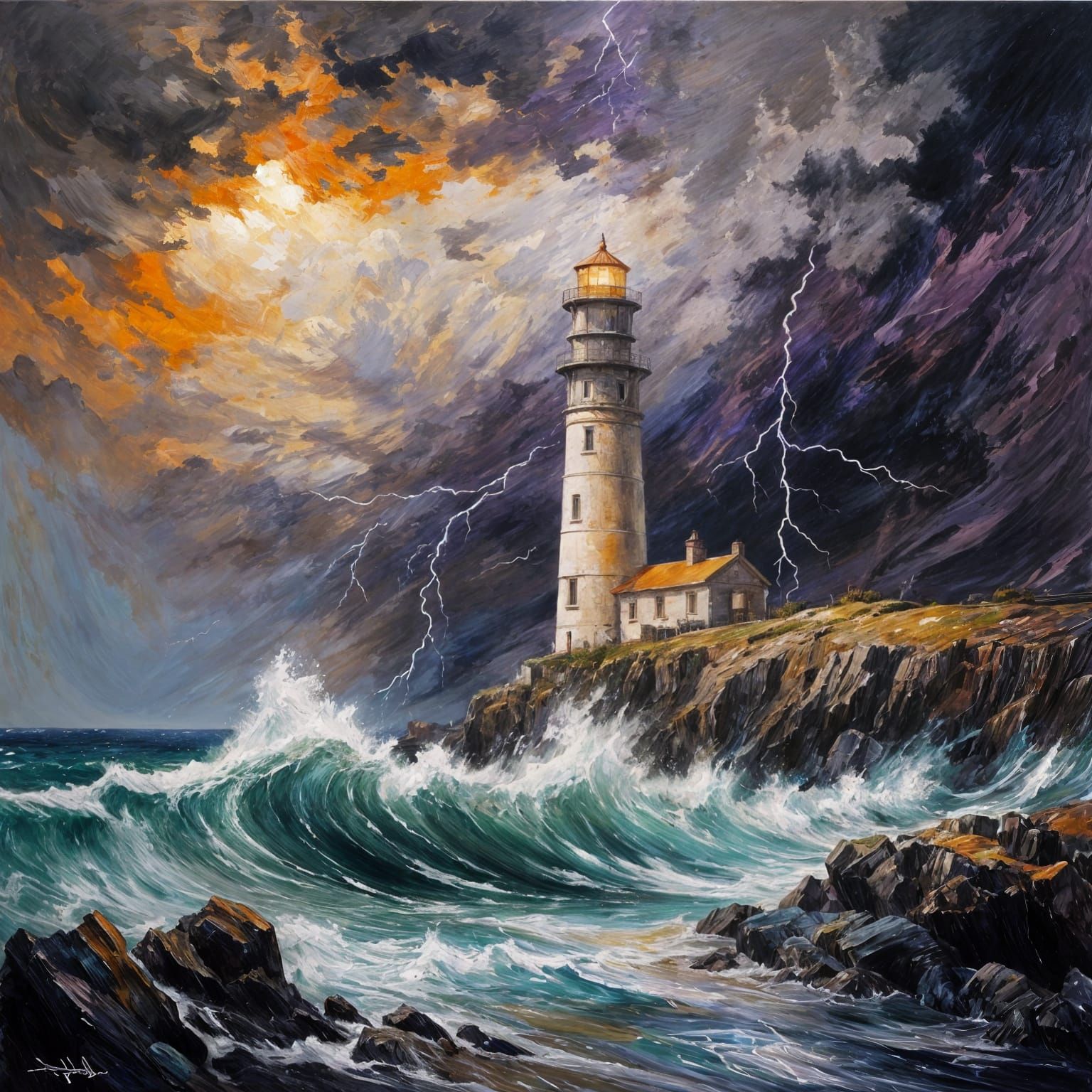 Dramatic Seascape Oil Painting of Stormy Lighthouse