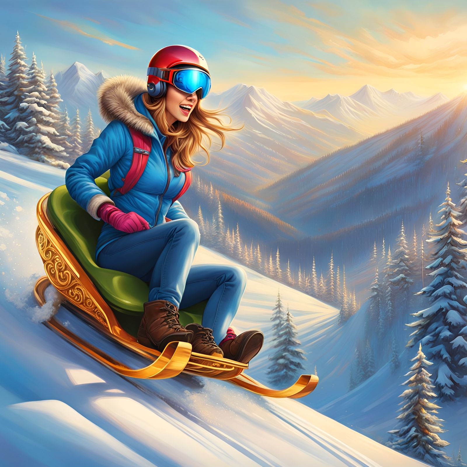 Woman Sledding Down Mountain in Comic Art Style