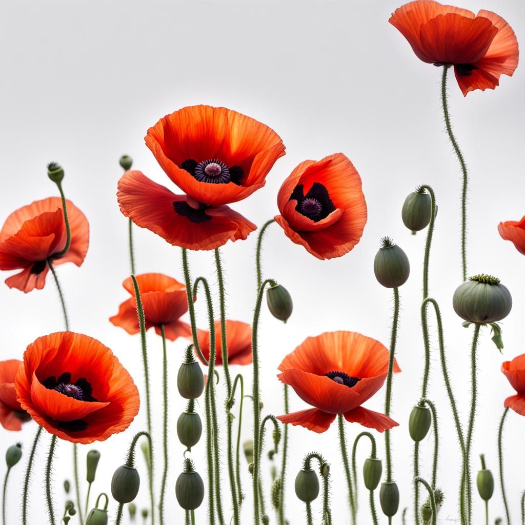 Seven Sinister Poppies on White Background