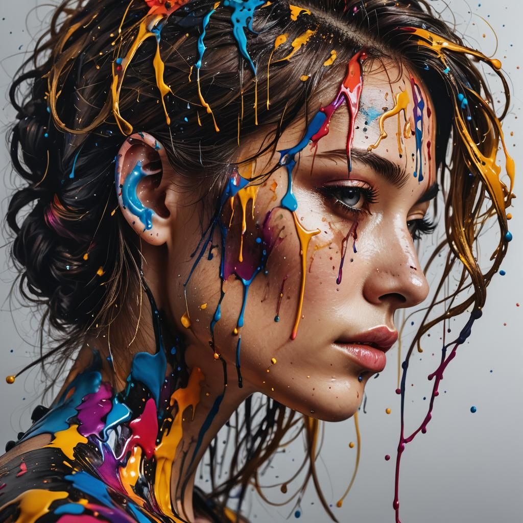 Hyperrealistic Portrait of Woman with Ink Splatter Hair
