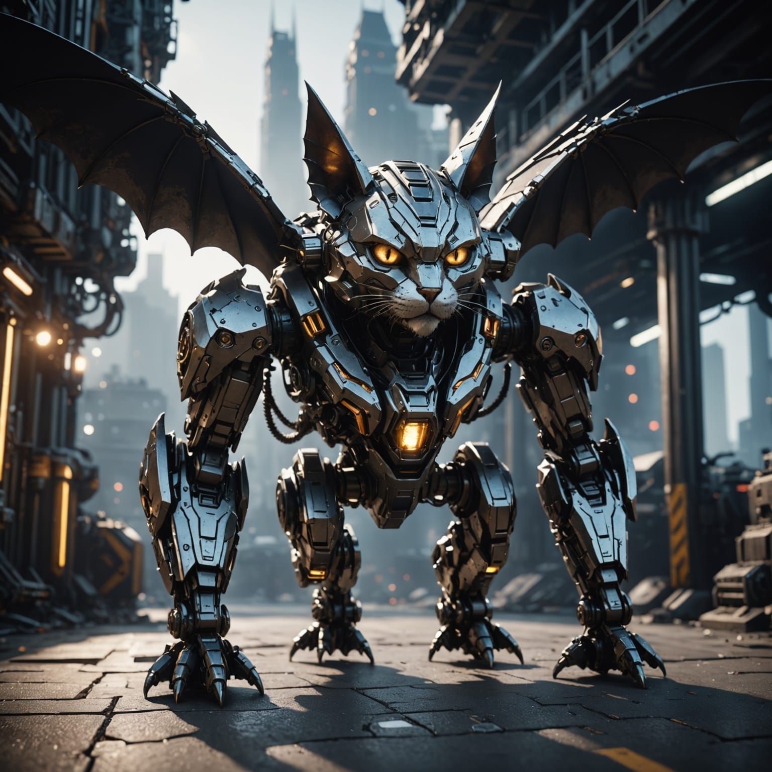 Cyberpunk Mech Cat Emerges from Futuristic Shadows